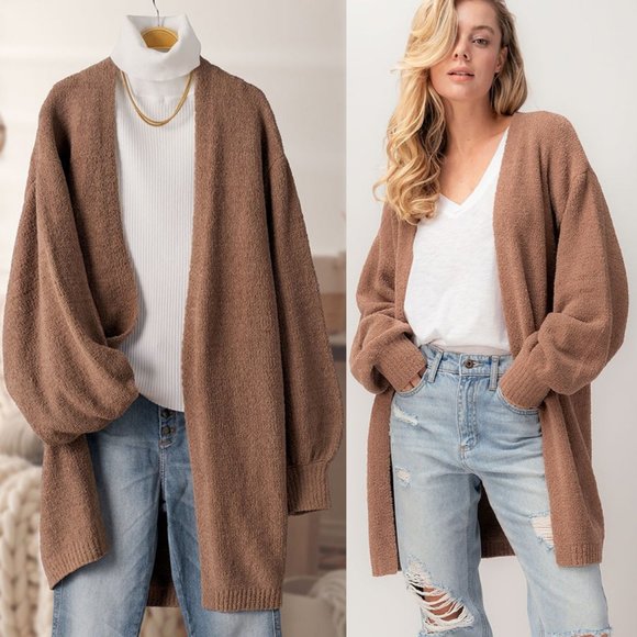 Love Tree Sweaters - NEW Ultra Soft Bishop Sleeves Long Open Cozy Plush Sweater Cardigan Coco Brown
